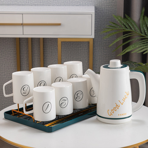 12杯大水具套陶瓷杯泡茶壶 8杯带杯架办公招待数字杯组合 绿托盘