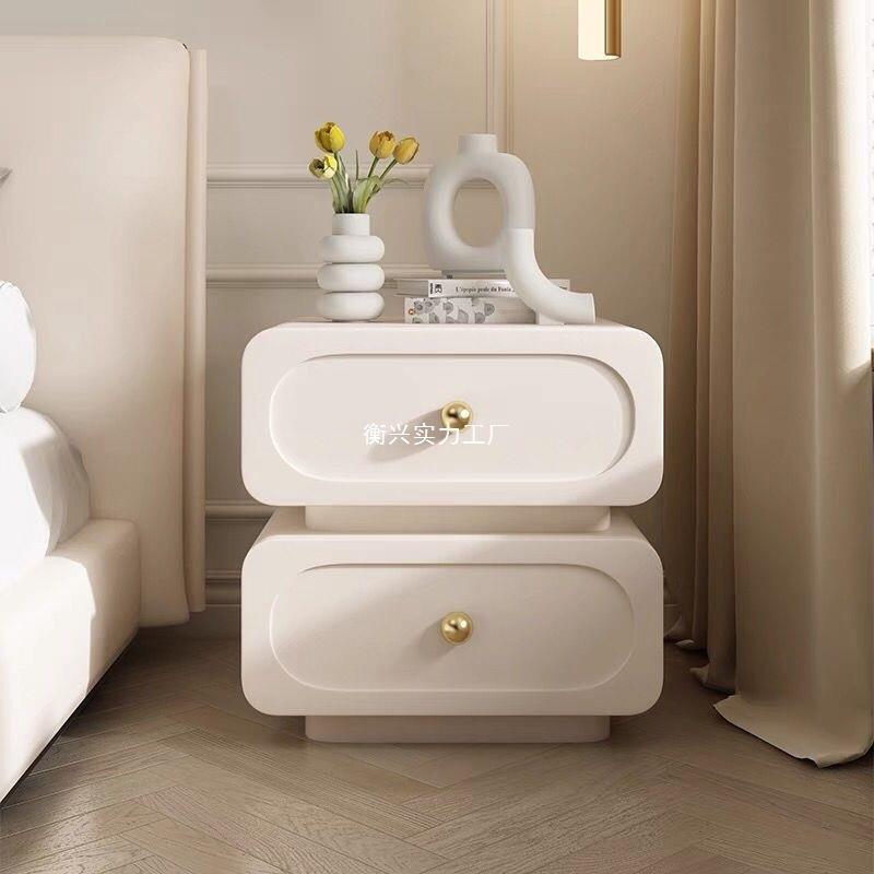 边式极简轻奢实木床头柜简意约50043现代法式奶油质风储物柜黑色皮床柜