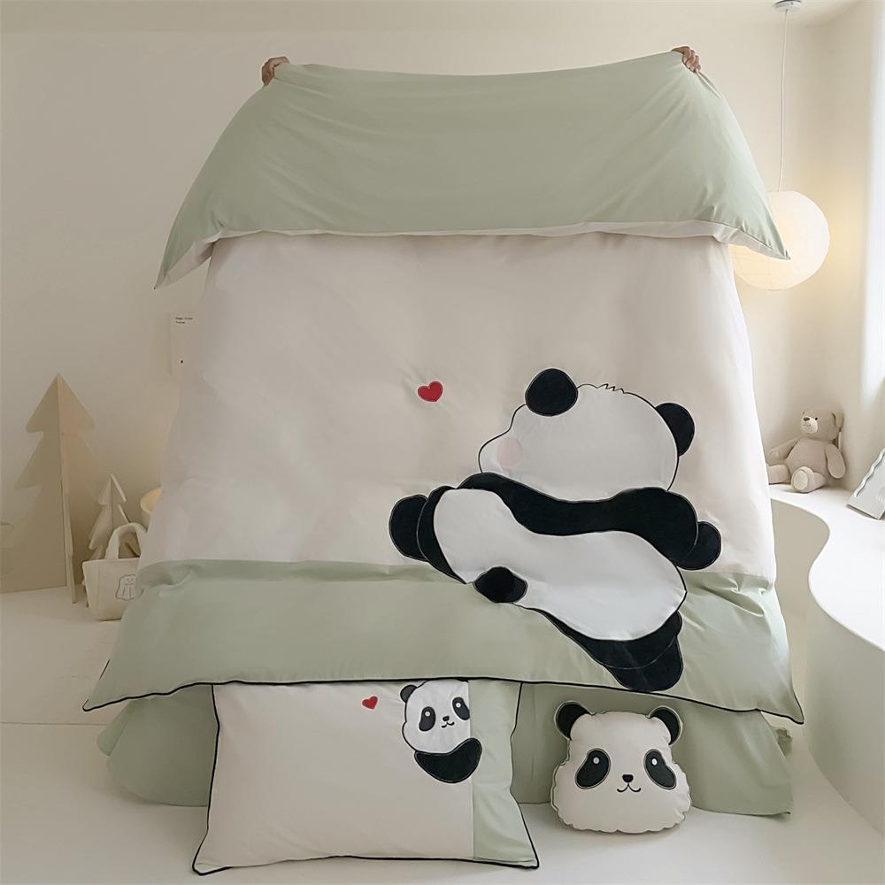 套冬全棉磨毛秋四件可爱熊猫墩墩贴布绣卡通纯棉TKN被超套床单
