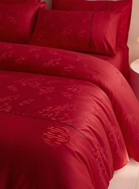 中婚庆四件套大红色喜字用床式单被床套纯LLV棉结婚上品婚房陪嫁