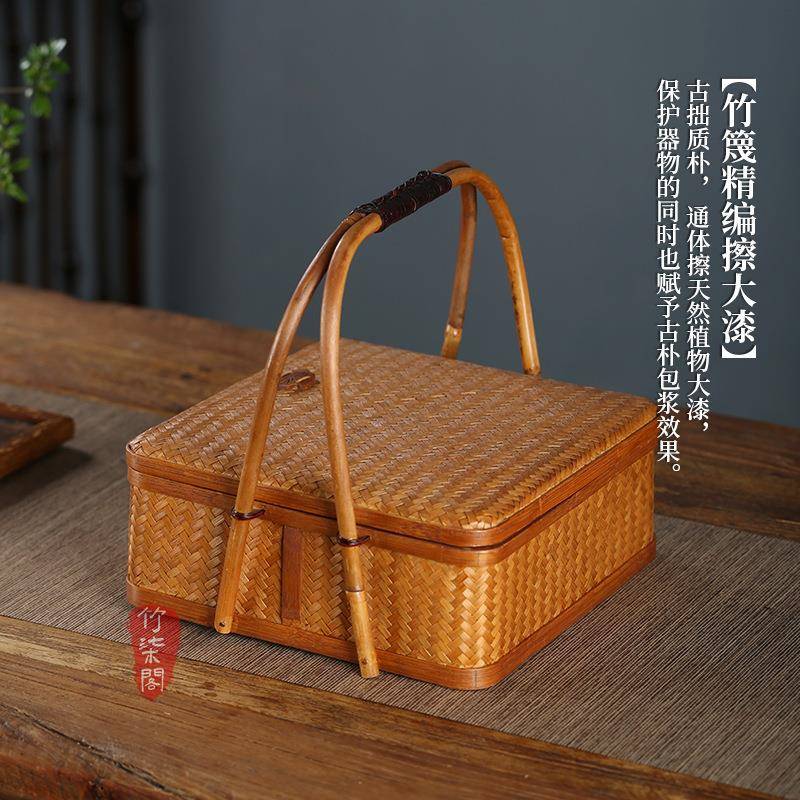 手工竹编藤编提篮中式子盘食盒茶点茶手提点心JLK篮具竹篮收纳筐