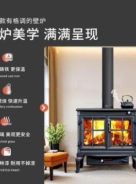 壁真火燃木柴村农别墅民宿冬天室内烧取暖炉NRM铸铁柴火真火垒德