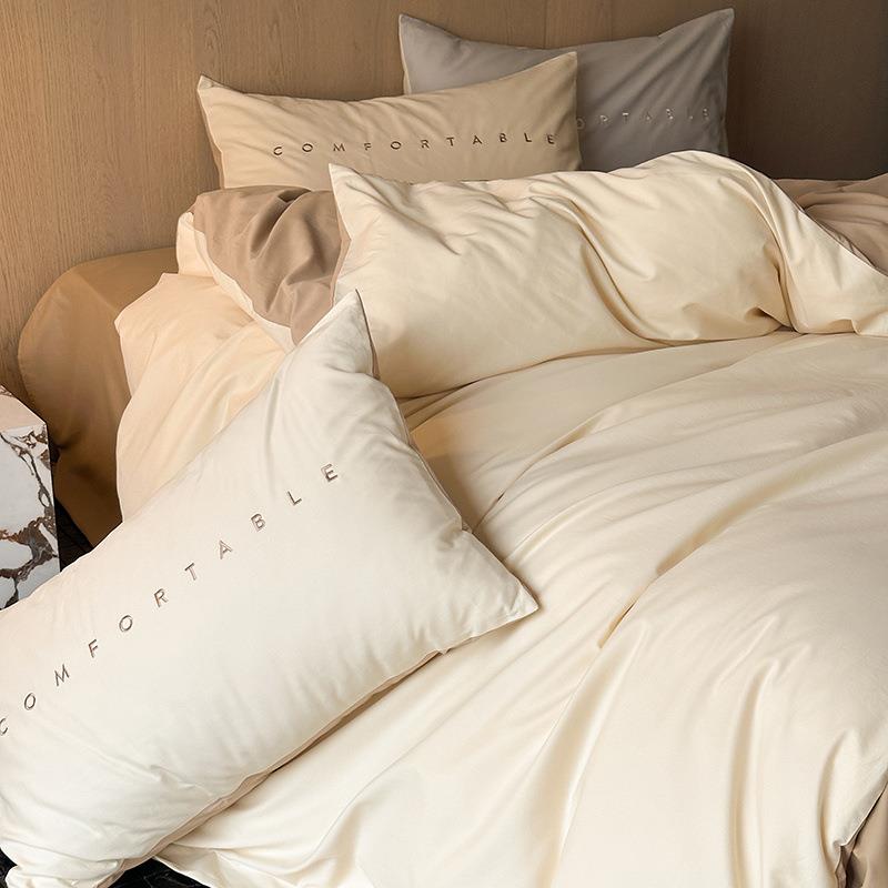 100支长绒棉轻刺绣件套四床上用RVI品风纯棉磨毛纯色床单被套床奢