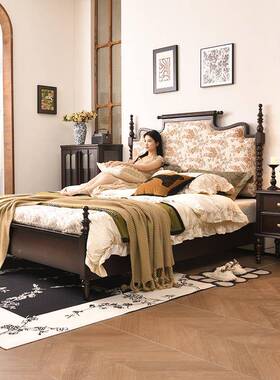 法式复静古实木床1米8式PTX床主卧双人床美布艺软靠中古风轻奢音