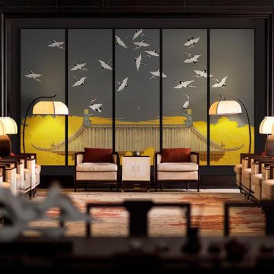 画新TQF式山水装饰画客厅四联条屏画茶室书房中酒店堂挂画瑞鹤大