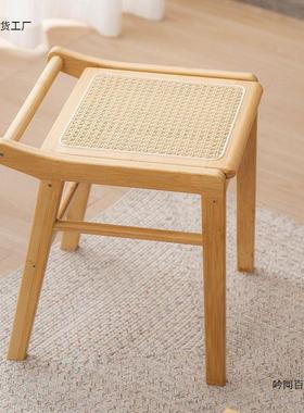 藤编子家用意小型日式小板凳实木客厅方网凳创凳房间YUX化妆凳红