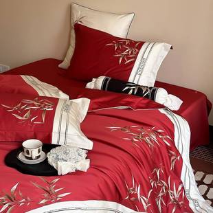 新中式10长丝绒棉四件套古典刺绣天纯BRH棉被套床单支双0人床上用