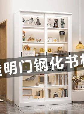 家用钢制书架推门尘35411玻书柜带锁展示防柜落地收璃拉纳储物柜