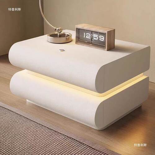 卧室用网红奶油白色JZC带灯头柜家意式皮质黑实木床床边收纳储色