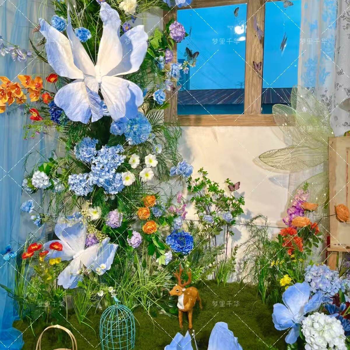 立体纱花路引美陈真丝纱花蝴蝶珍珠幻彩婚房布置客厅婚礼现场装饰