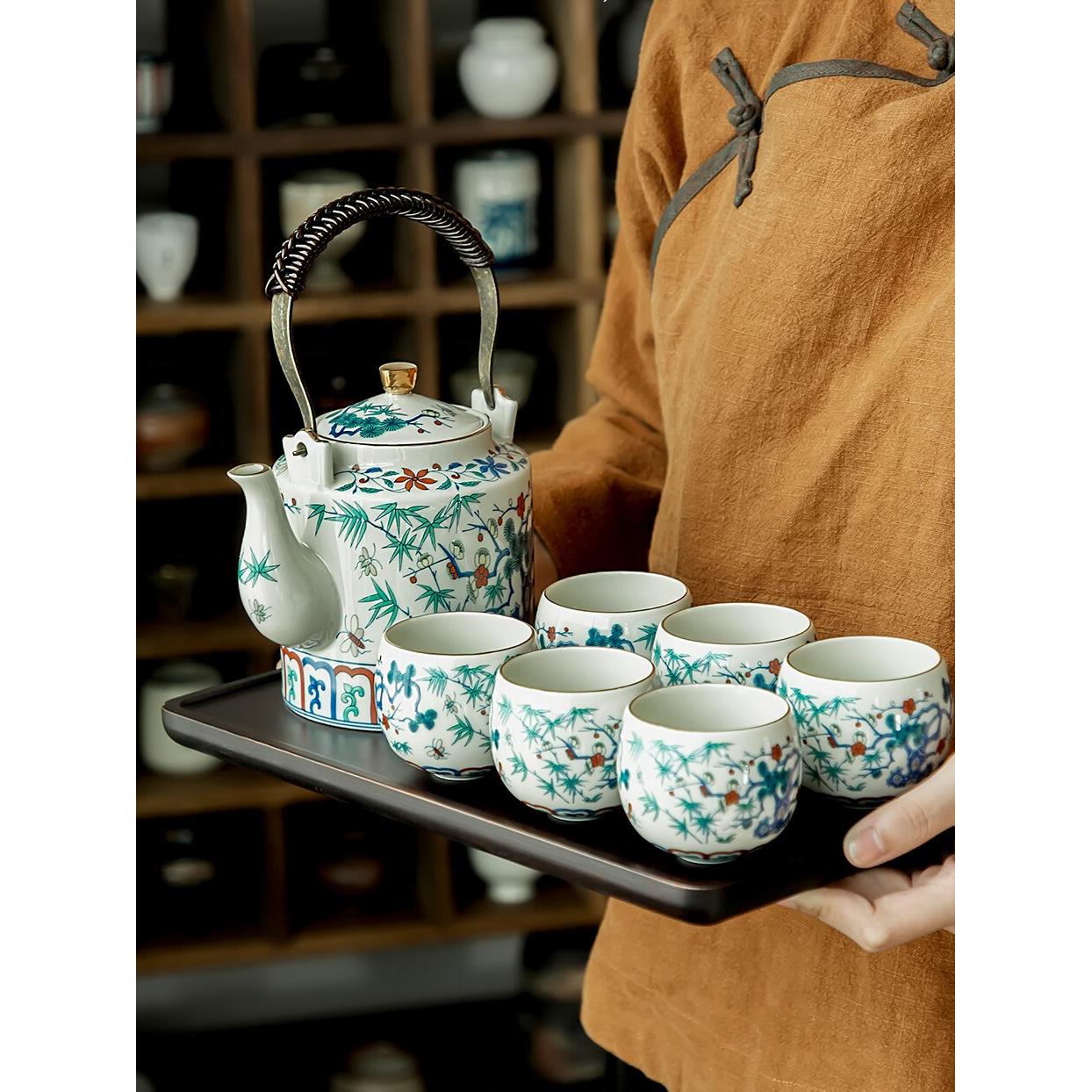 中国覆古斗色提梁茶具茶杯干泡茶套装家庭办公旅行大容量茶壶