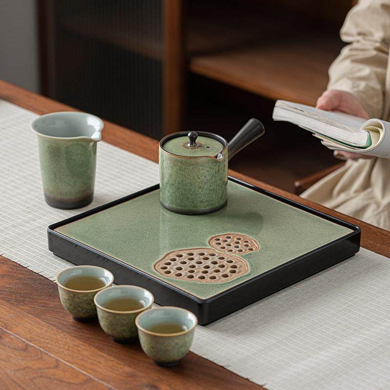 翠绿窑变茶盘托盘家用陶瓷蓄水盘MZ-CP006茶储盘水家用小型茶具海