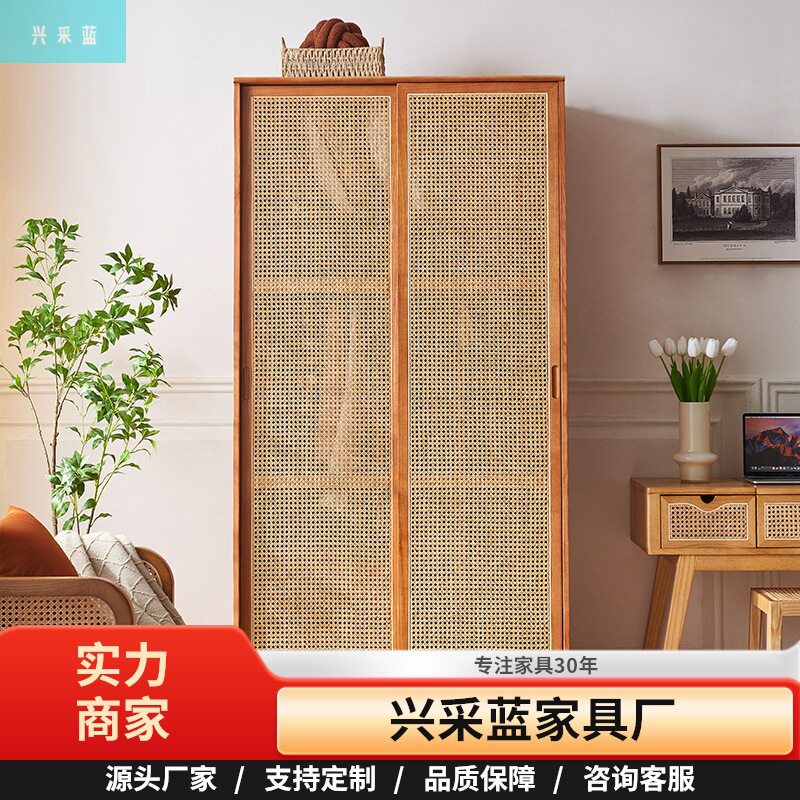 日式风实木双门衣柜卧室收纳储物柜家用推拉门藤编衣橱简约小户型