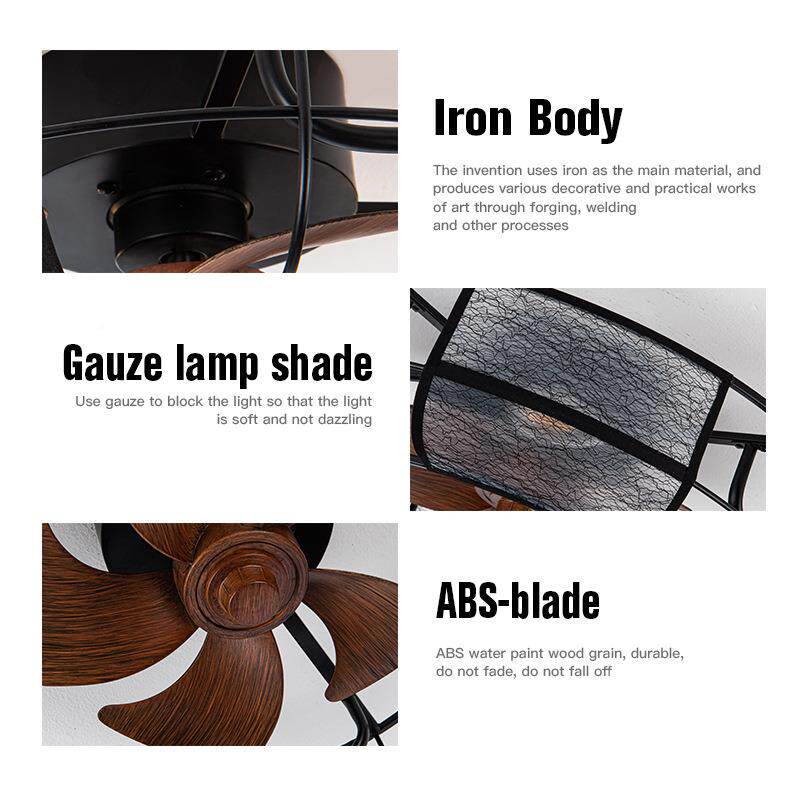 美式扇风灯书复古吊扇灯扇一体灯卧室房240铁艺吸顶灯带风扇19寸