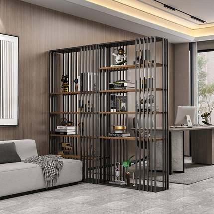 现代约实木落地书架艺房zl-00149办公室隔断柜样铁板置物架工简业