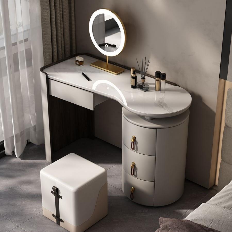 奶油风RYI轻奢极简约马鞍皮梳妆台奢石小岩板实收纳一体户妆型木