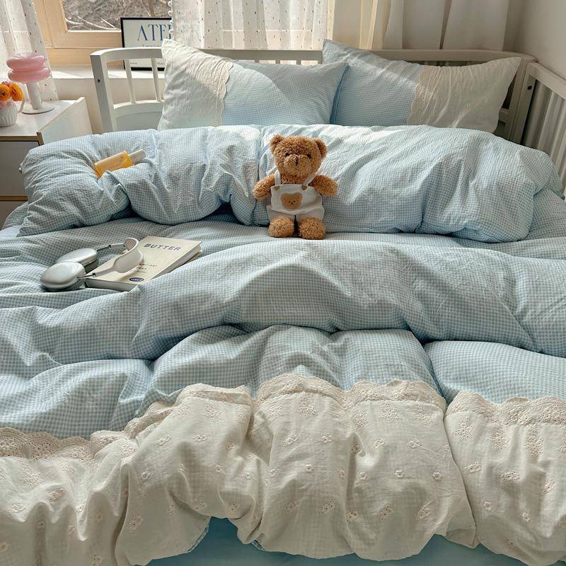 法式蕾丝小guli被花边蓝格层纱四件套简约水洗棉柔软床双单套宿舍