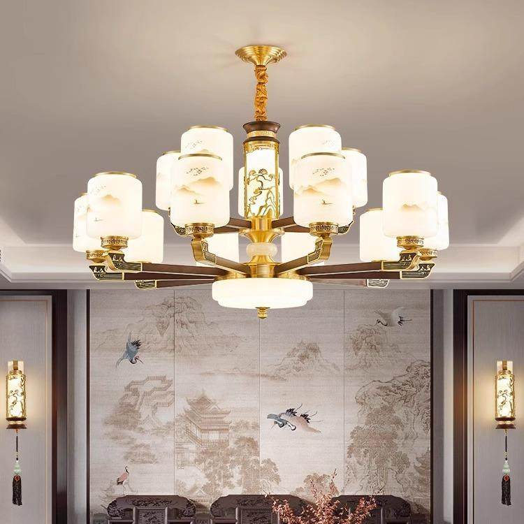 气新中式全铜吊灯复式楼厅灯大实木中风大国厅广东192客中山灯具