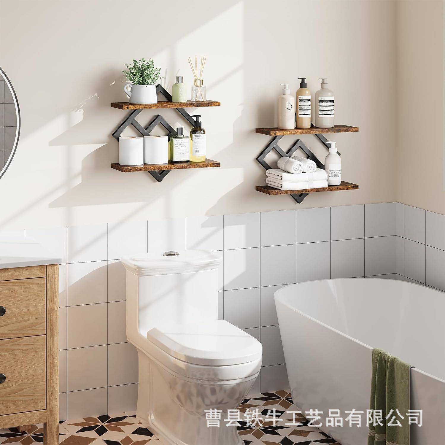 现货木质壁挂式浮架搁悬挂式两层壁装动式/储物结搁架铁木合收纳