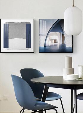 蓝色筑装代抽象客建厅沙发背景墙饰画简约QB202209几何现方形餐厅