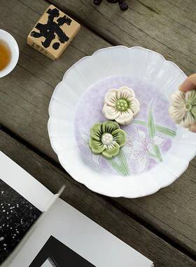 墨己玉11399白点瓷手绘百合陶瓷壶承茶道配件花干泡台墨泥染花口