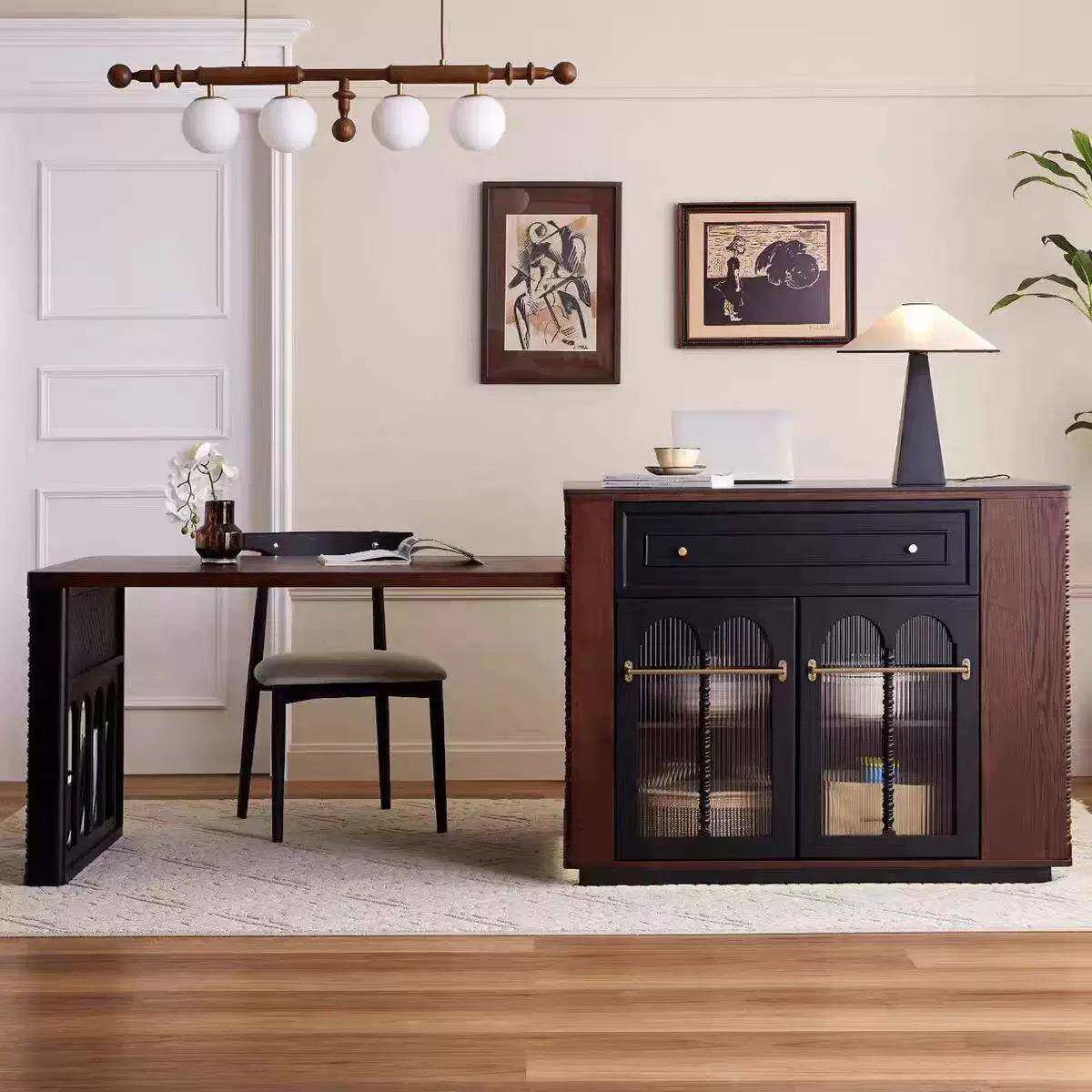 简代古风约实木现岛台餐桌一体多功能89-板家用小户型伸缩饭桌吧