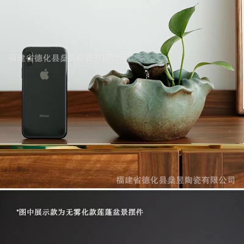 新中式陶小型泉循环流水瓷招财喷鱼缸摆HDT件办公桌面室加湿器装