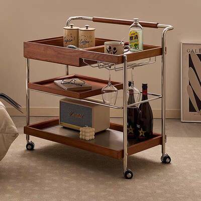 实木古复中古风小车边几带客厅沙发小25821茶几可移轮动餐桌边置