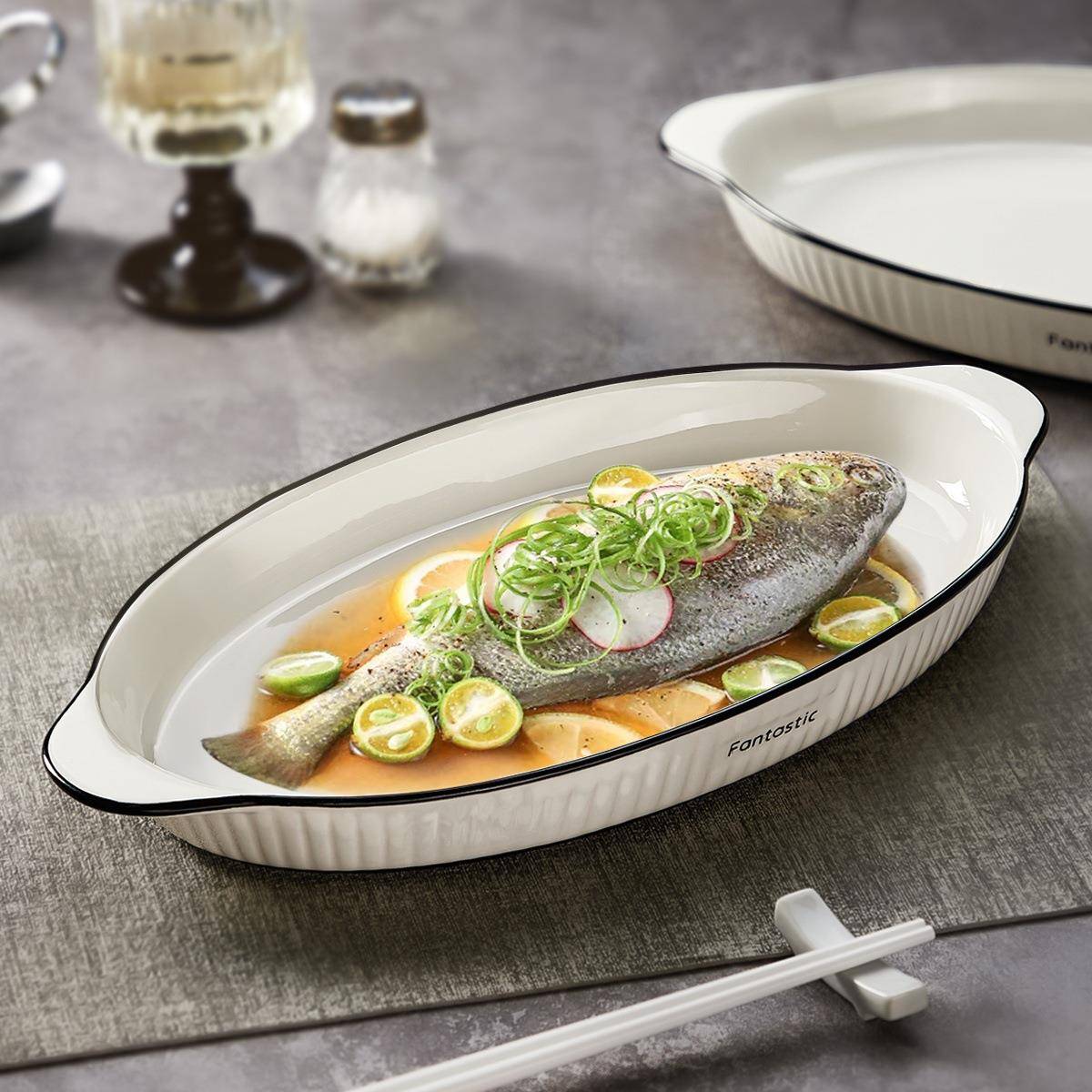 鱼盘家用2025新款蒸鱼盘碗子感双耳零鱼大号陶瓷装碟鱼QFM菜安容
