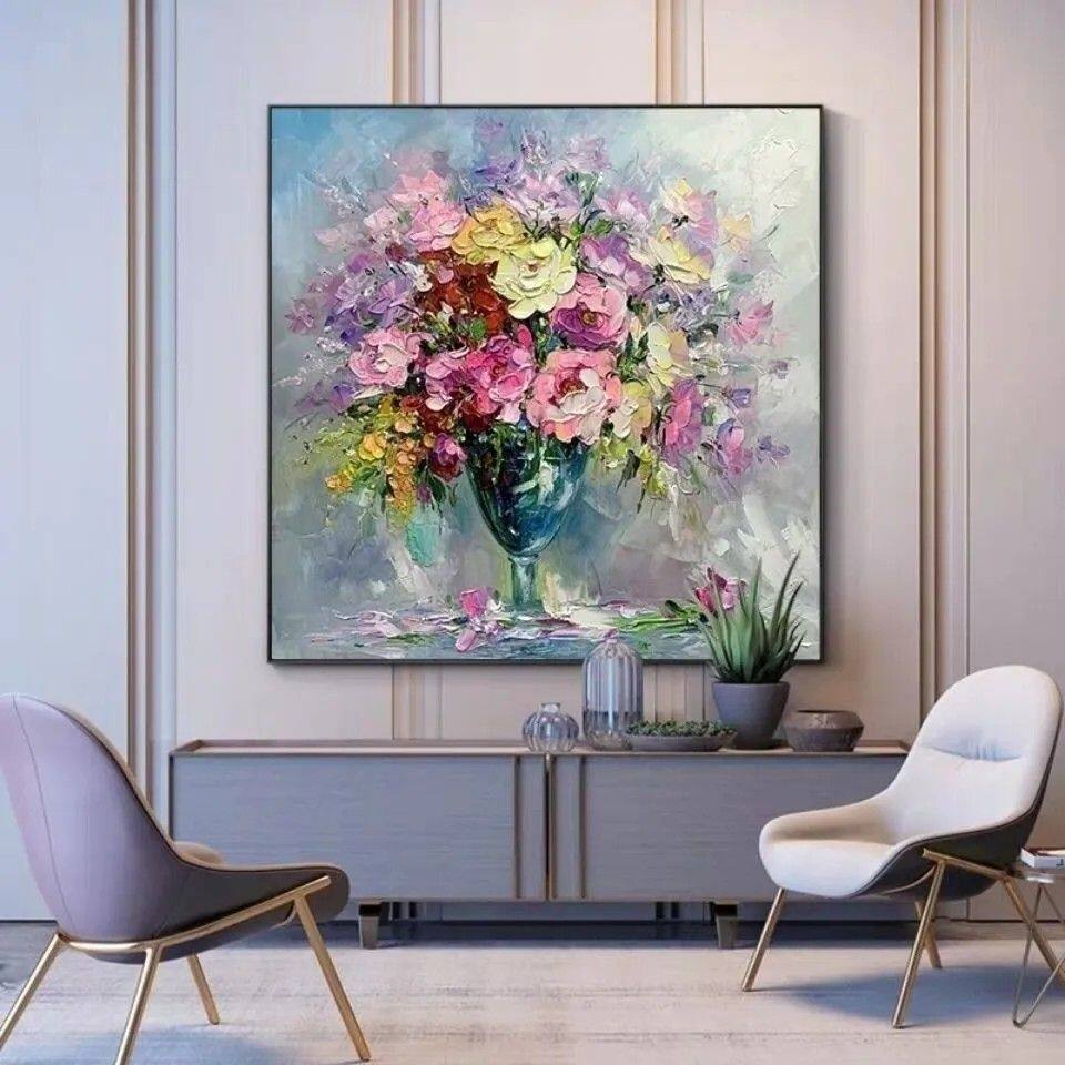 纯手绘油画花卉立体厚油刀画玄关过道背景墙装饰画客厅餐厅抽象画