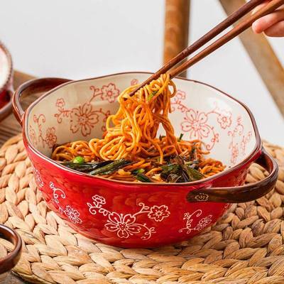 MAR复月｜手绘汤碗耐高温陶瓷碗古三风汤面碗双SDD耳日式碗泡面碗