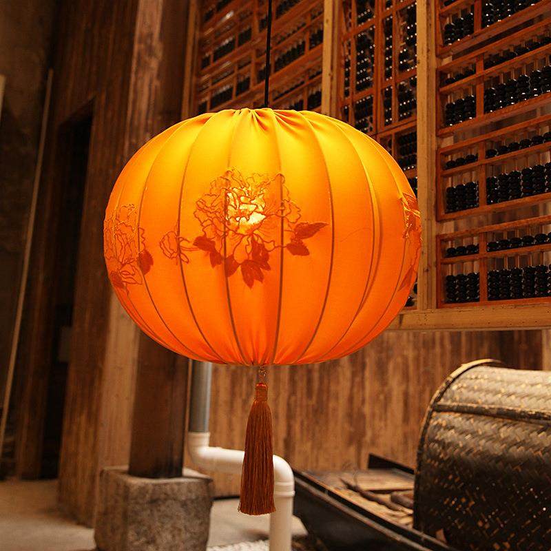 南复古圆形刺绣走廊装饰吊灯式新中喜婚庆发光挂JOS串结户外瓜宫