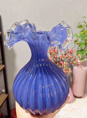 中古芬顿蹈舞花裙摆装饰花器ADQ客厅餐桌摆玻件插花高级复古璃瓶