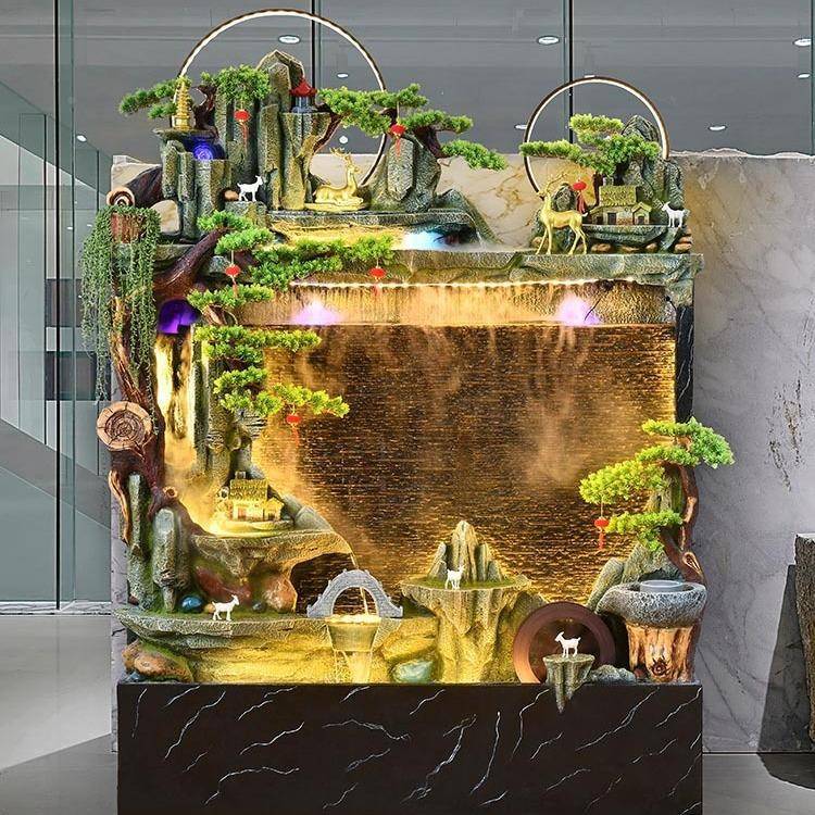 中式大型假山水幕墙鱼缸风水加湿器酒店庭流院QUA司公落地轮装饰