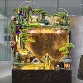 中式 大型假山水幕墙鱼缸风水加湿器酒店庭流院QUA司公落地轮装 饰