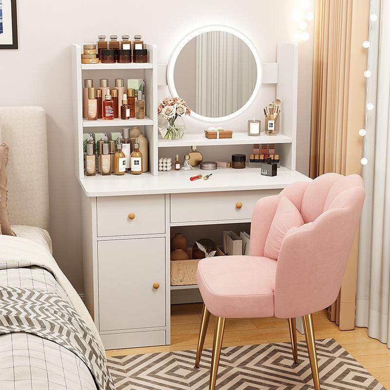 现代风简化妆收纳柜一体书桌户型主卧HQH奶油化约妆小镜子梳妆台