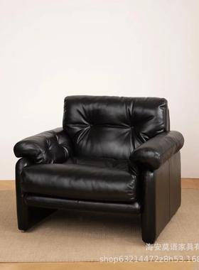 法式复古直排皮羽组绒WKA小户型意式厅客黑色科技中古沙发三人位