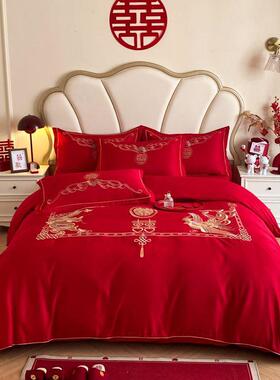 丝光棉四套婚床新件龙装凤刺pxx10032绣床笠被套婚房饰布置婚床上