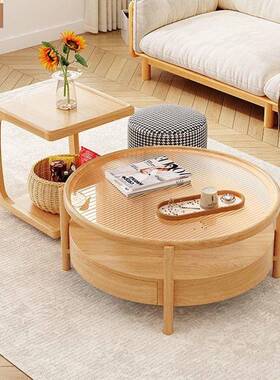 现代简约OUK视原木桌圆形组茶几小户型茶椅合客厅电柜实木可移动