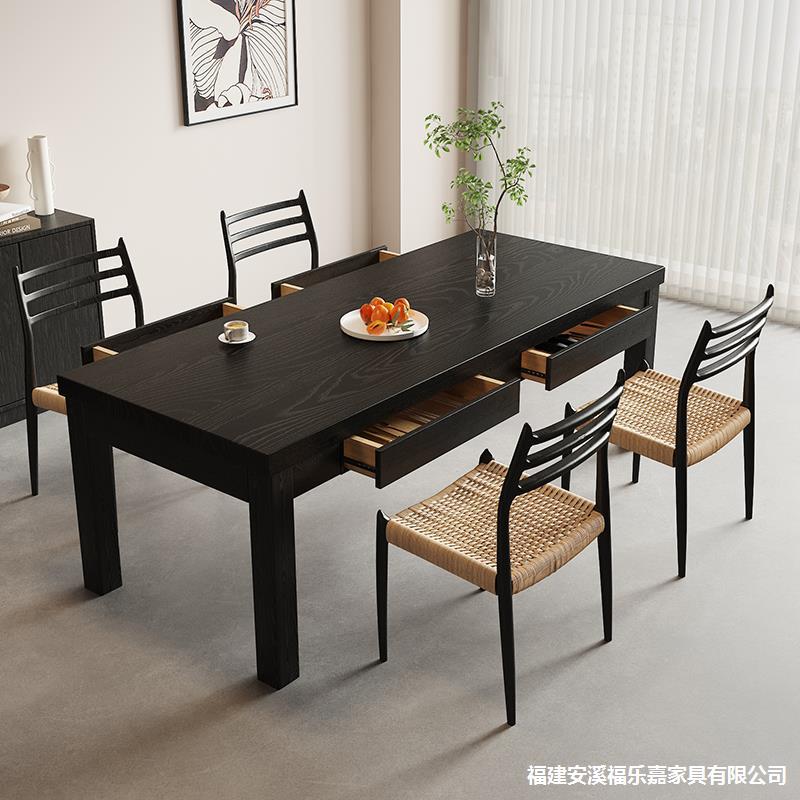 诧寂碳化黑色实木餐桌白蜡木带抽屉储物长桌家用吃饭桌餐书桌一体