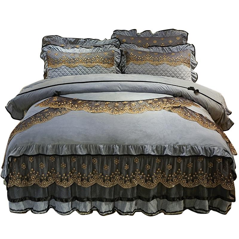 欧罩式夹棉水晶绒床裙牛四件套加绒床单奶法兰加ls99厚床绒珊瑚绒