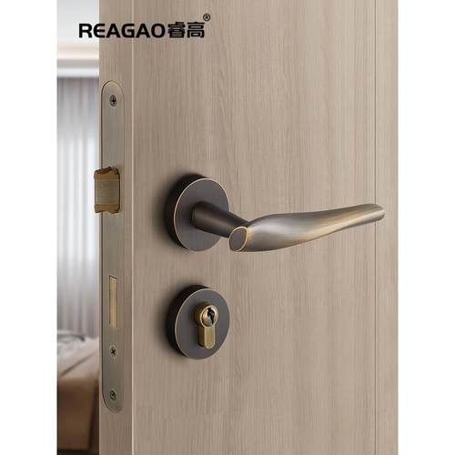 睿高纯铜REAGAO\/门木锁轻奢铜门把手法式现代静音磁吸房间室内门