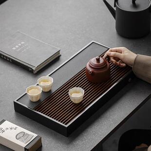天然乌石茶盘高档轻逐影茶盘奢家用头长金方形茶台储水泡式石干盘