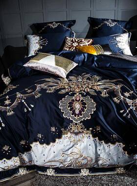 高档欧式10四支匹马棉38675贡缎刺上绣件套长绒棉0纯棉全棉婚庆床