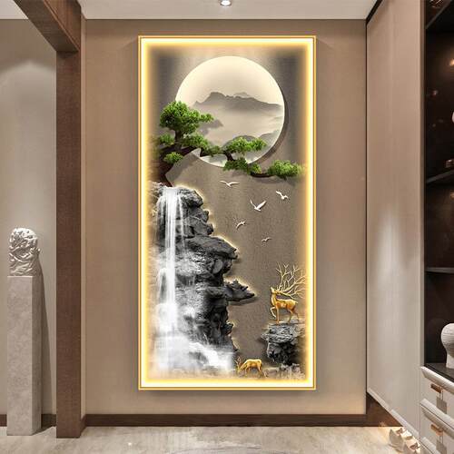大走廊道气新中式流水生财挂画进门正MLP对墙轻奢迎客过松玄装饰