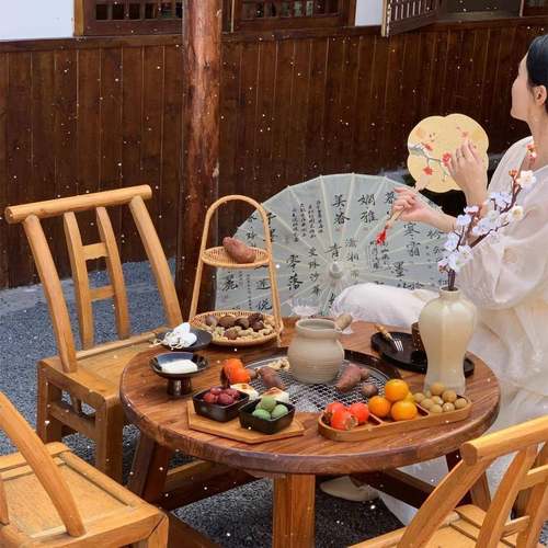 老ALL8685H榆木炉煮茶桌室院内中式家用冬日桌子烤火围套装庭烧烤