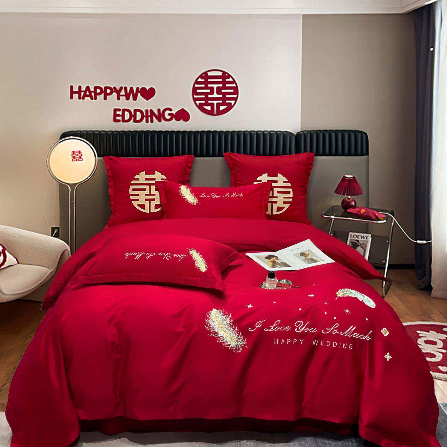 新婚婚庆四大红色婚四件套婚床件套被套被罩庆喜新婚结PDD10213床