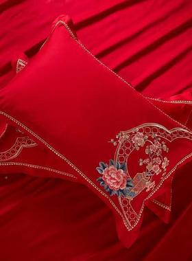 娶高装档轻奢纯棉刺绣花婚UNN庆大红色枕枕套一对全棉结婚嫁婚房