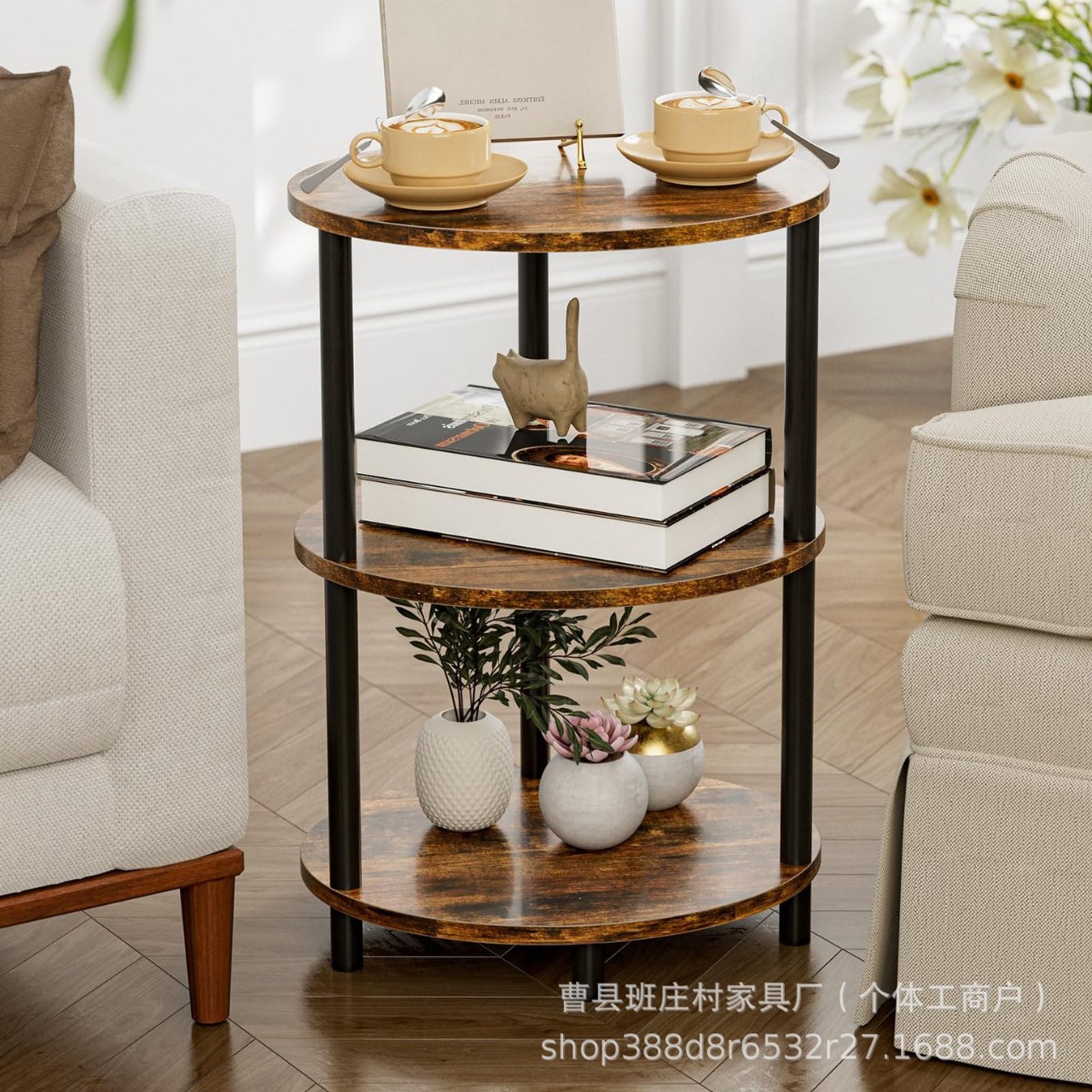 复古客厅小圆桌沙发旁木质三层茶几桌卧室床头柜美式乡村边几桌子