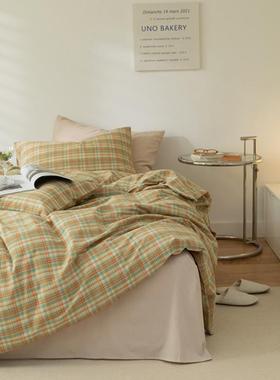 复古榄绿格子TM651441水洗棉纯棉四睡件套床单被套混搭裸橄床品三